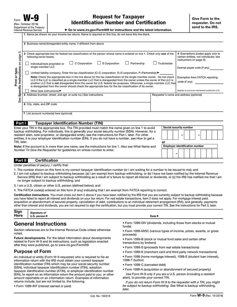 W9 Form Fillable Request for Taxpayer Identification Number