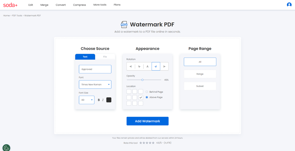 Select the source, text or logo, and choose its appearance before adding a watermark.