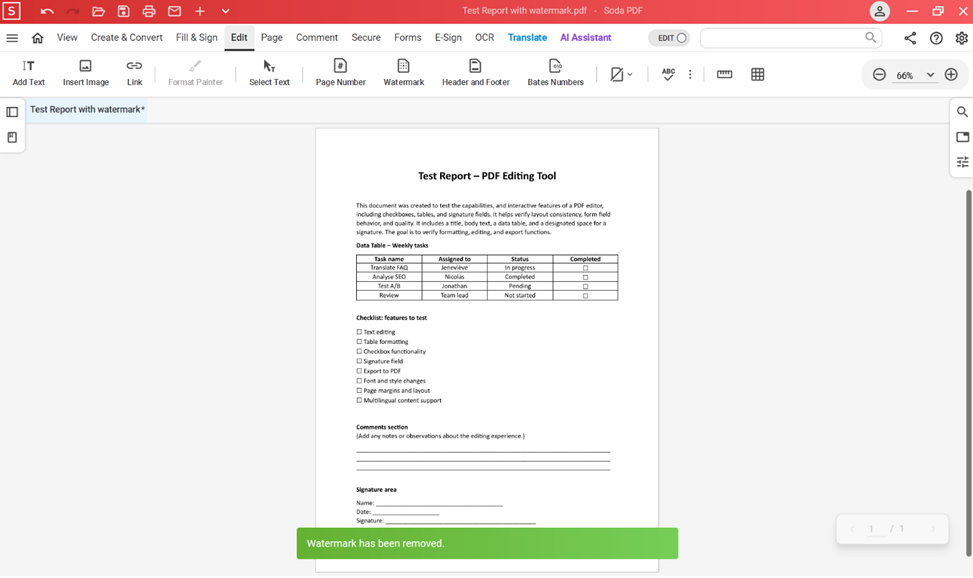 Edit module of Soda PDF’s desktop version: watermark has been removed from file. 