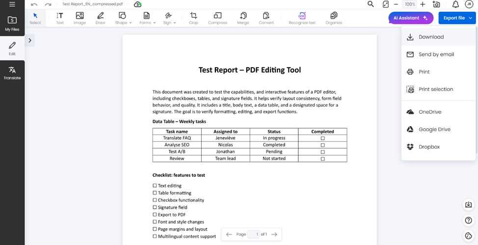 Soda PDF’s compressor tool: download your document, send it by email, or save it to the cloud.
