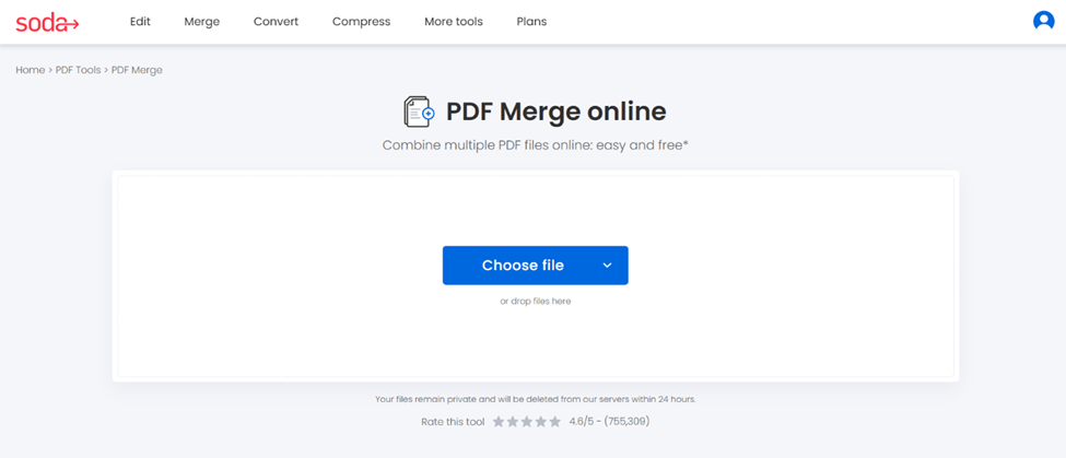 Soda PDF’s online merge page. 