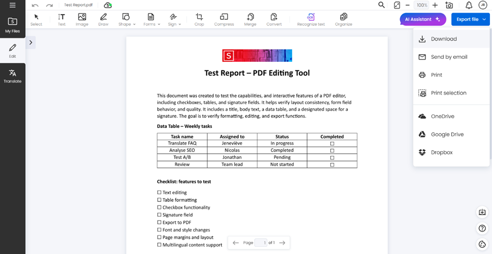 Soda PDF’s editor tool: download your document or save it to the cloud.
