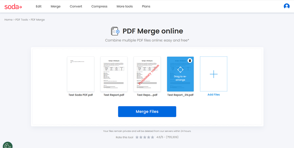 When uploading your files, you can rearrange the sequence before merging the pages.