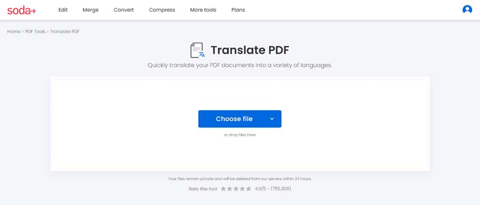 Soda PDF’s online translate page.