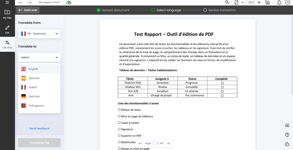Soda PDF’s translating tool automatically detects the source language and selects the target language.