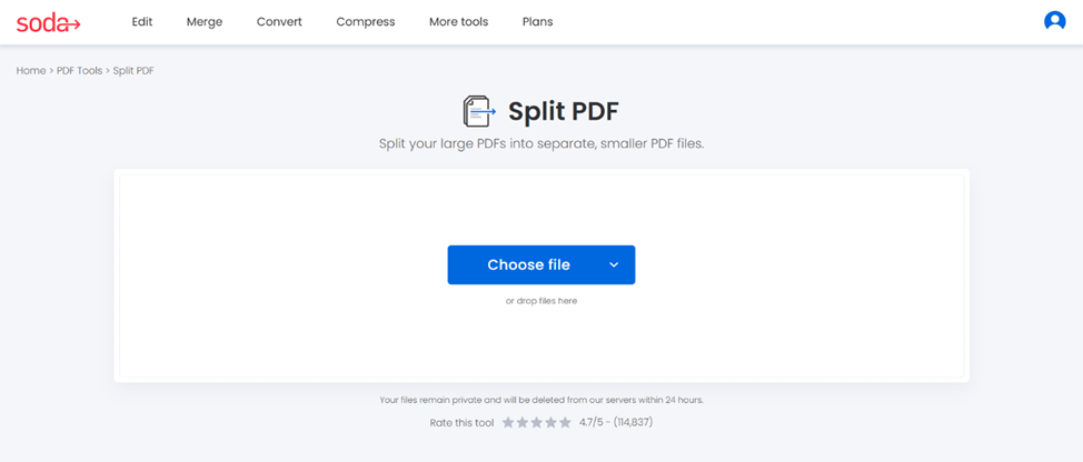 Soda PDF’s online split page. 