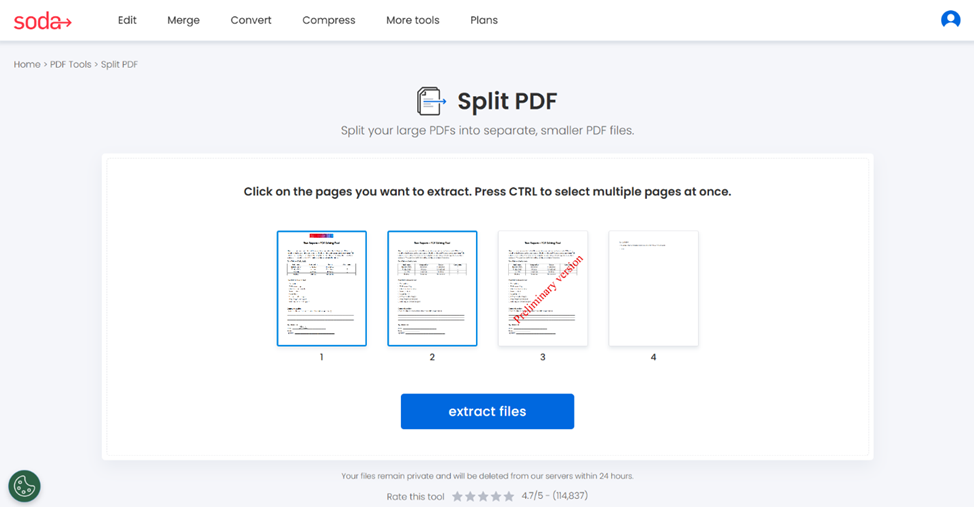 Soda PDF’s extracting tool. Select the pages to extract to create a new document.