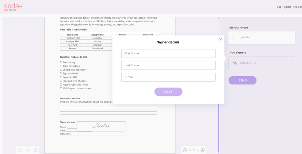 Add signers details to send them documents to sign.