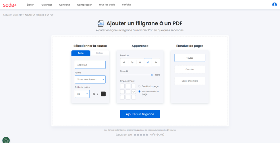 Sélectionnez la source, texte ou logo, et choisissez son apparence avant d’appliquer le filigrane.