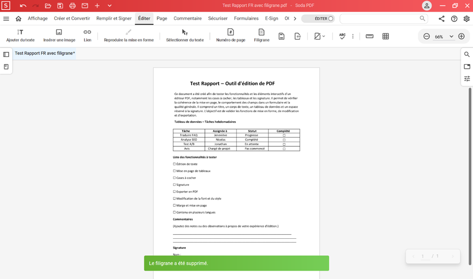 Le module Éditer dans la version bureau de Soda PDF : le filigrane a été supprimé