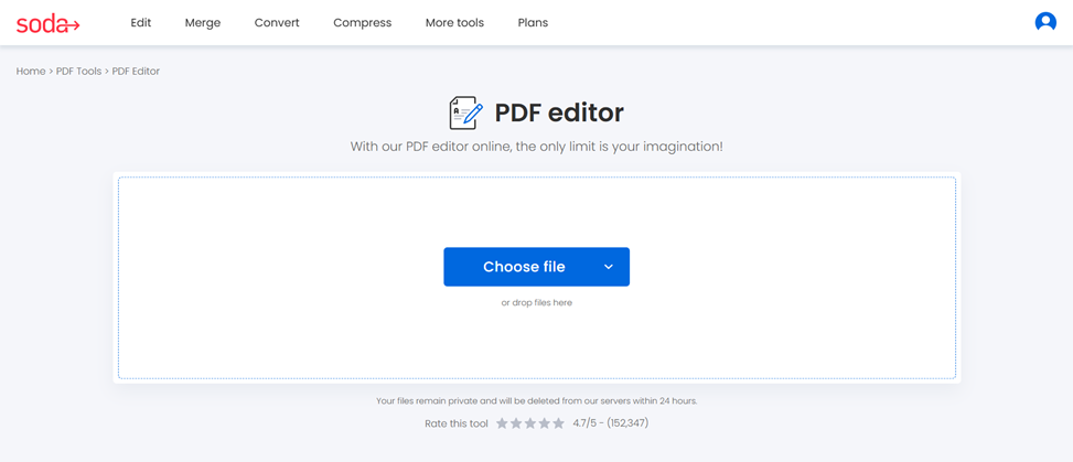 Soda PDF’s editor page in the online tool.