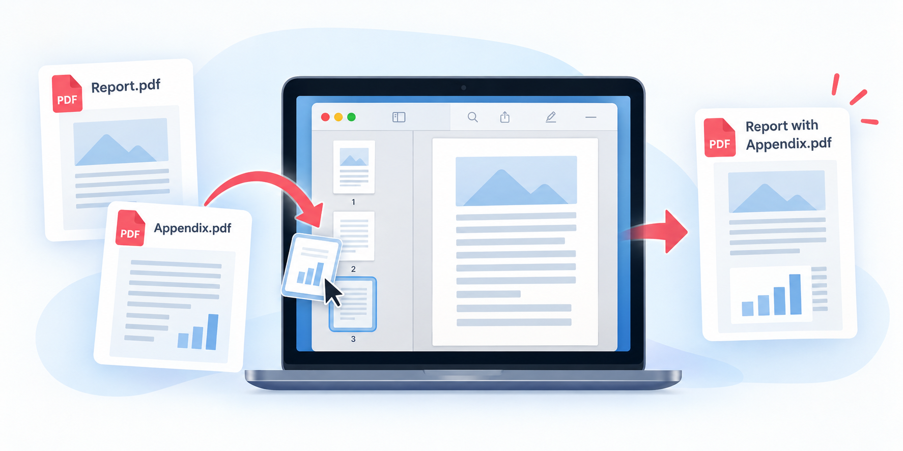 Illustration showing how to combine PDF pages using Preview on a Mac.
